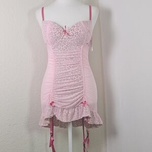 Pink Leopard Print Bustier Slip Dress w/ Garter Straps by Native Intimates, Sz L